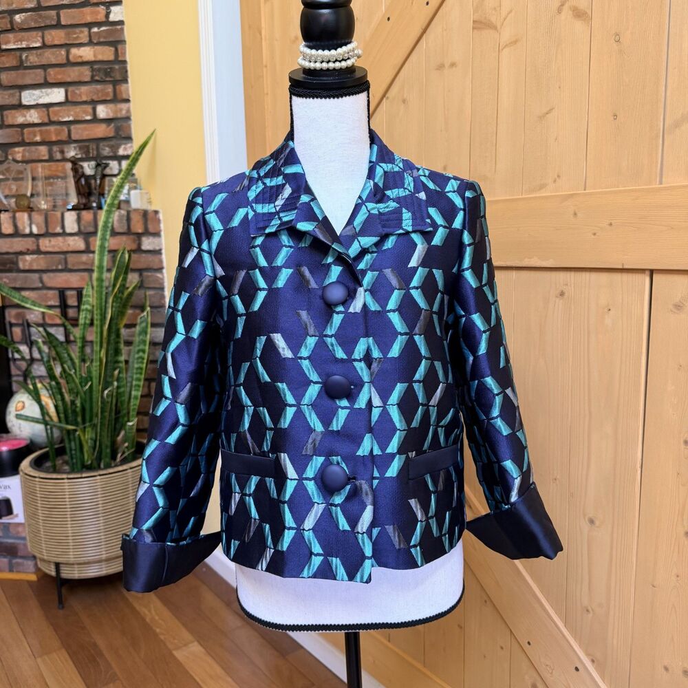 Emporio Armani Blue Green Geometric Jacquard Cropped Jacket Blazer Size 40 US 4